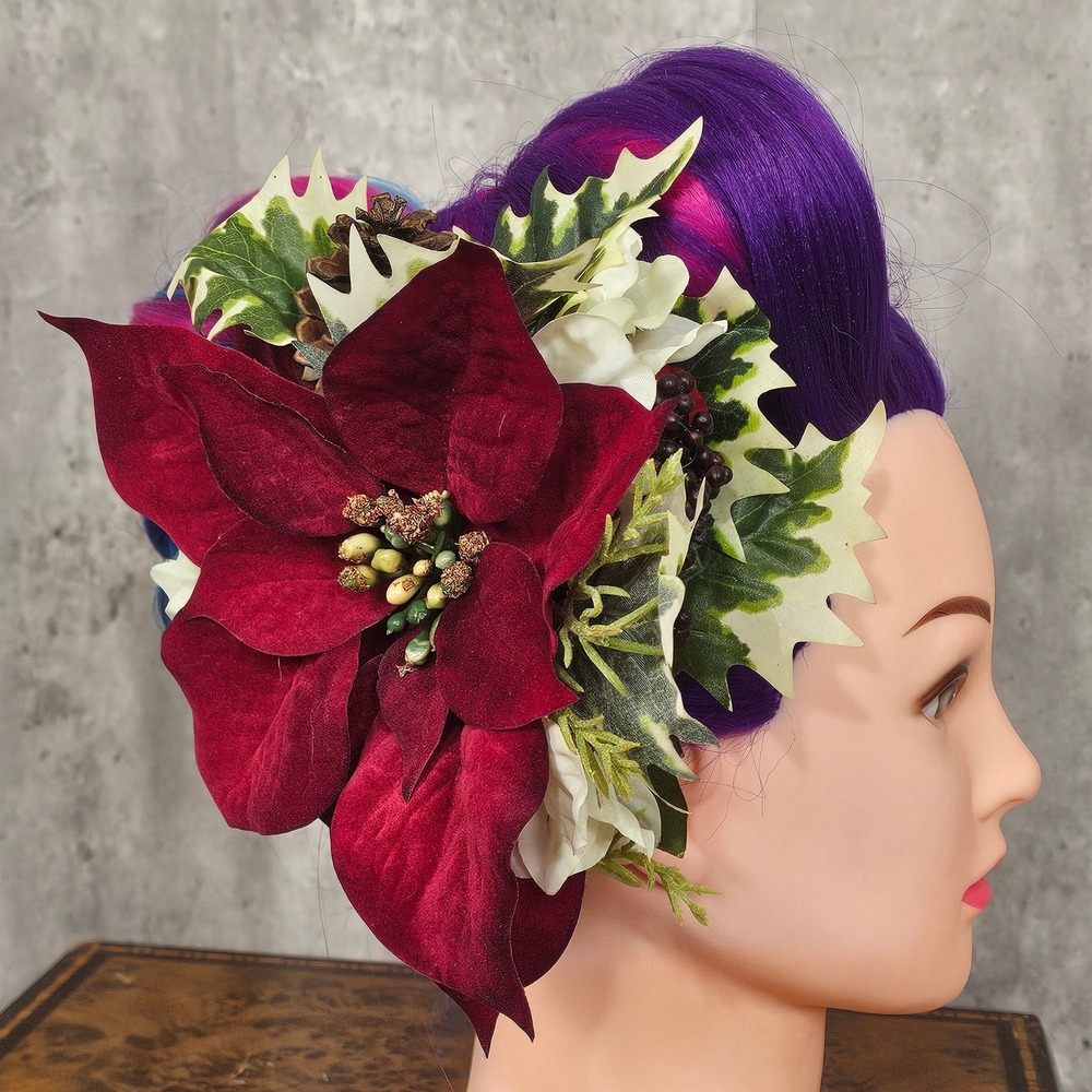 Handmade Red Velvet Poinsettia Holiday Hair Flower Clip Pinup‎ Rockabilly Xmas
